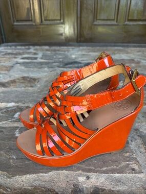 Tory Burch Bright Orange Patent Leather Strappy Wedge Sandals